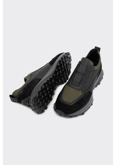 Derinet Hakiki Deri Comfort Taban Erkek Sneaker Siyah Haki Siyah Haki