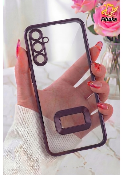 Fibaks Galaxy A34 5G Uyumlu Kılıf Kamera Lens Korumalı Şeffaf Renkli Logo Gösteren Parlak Kapak Mor