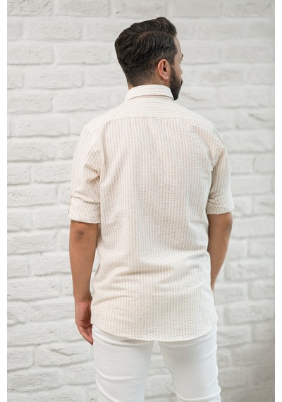 Slimfit Fit Yaka Düğmeli Çizgili Yazlık Gofre Kumaş Erkek Gömlek Kahverengi