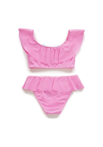Endeep Kız Çocuk Volanlı Aksesuarlı Açık Pembe Bikini Takımı Pembe
