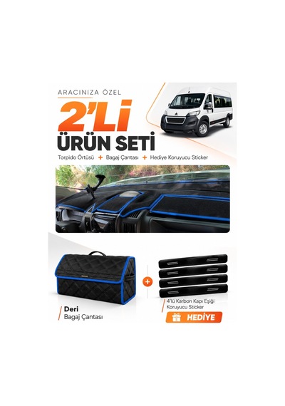 E-biz Peugeot Boxer 2017-2021 Uyumlu Torpido Örtüsü + Deri Bagaj Çantası Seti - Siyah-mavi - Pe026