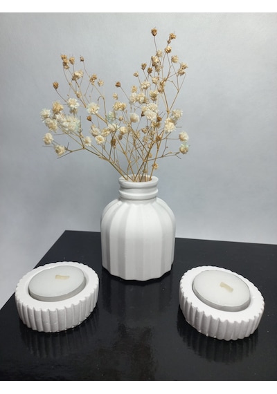 İnce Çizgili Vazo - Modern & Minimal Dekoratif Obje, Salon Ve Ofis Çiçeklik, Beyaz Beyaz