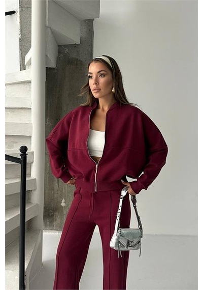 Neşeli Butik Kadın 3 İplik Şardonlu Oversize Eşofman Takımı Nbg105 Bordo
