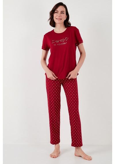 Lela Yumuşak Dokulu Bisiklet Yaka Bayan Pijama Takımı 6097605 Bordo