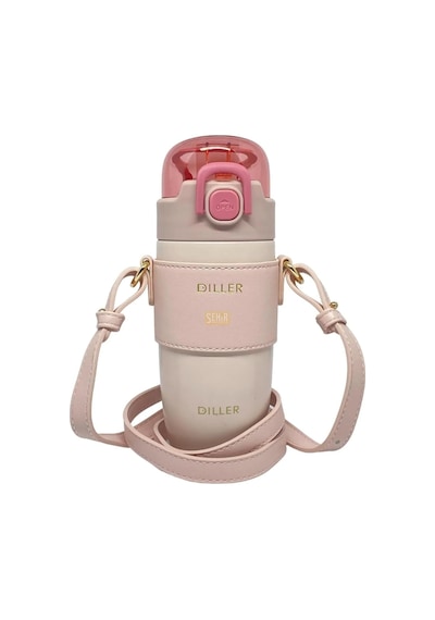 Diller 360ml Moda Deri Kılıflı Pipetli Askılı Pastel Renkli Paslanmaz Çelik Termos Matara Pembe Açık Beyaz