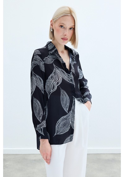 Sateen Arkası Uzun Desenli Gömlek - Siyah-136235 Siyah
