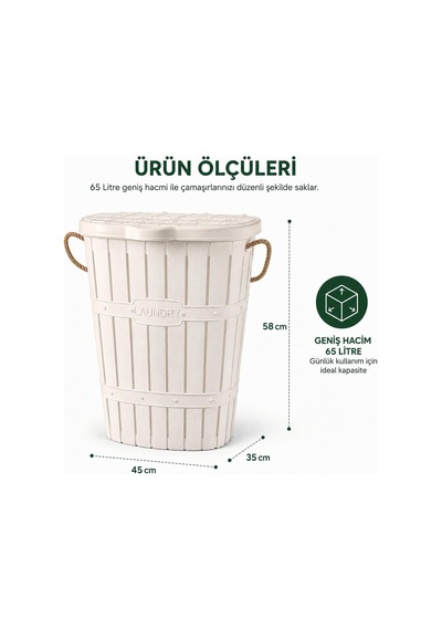 65 L Bambu Halat Kulplu Kirli Çamaşır Sepeti Kapaklı Plastik Gövde 58 X 45 X 35 Cm Havalandırmalı Çamaşır Saklama Sepeti Beyaz Çok Renkli