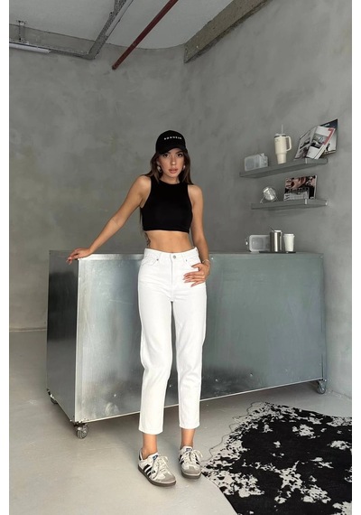 Premium Beyaz Renk Mom Jeans Beyaz