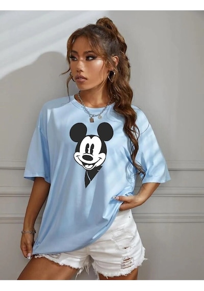 Hırsch Kadın Bebe Mavisi Oversize Mickey Mouse Baskılı Tshirt Bebe Mavisi