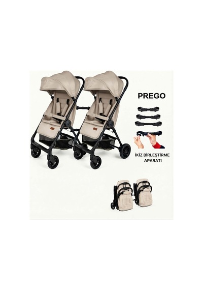 Prego İkiz Apartlı Birleşip Ayrılan Yan Yana İkiz Kabin Boy Bebek Arabası Bej1