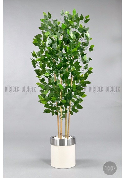 Yapay Benjamin Ağacı 140cm Krem Gümüş Metal Saksıda Krem-silver