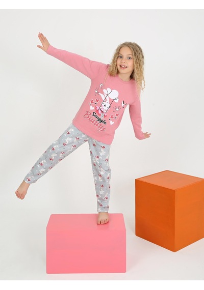 Kız Çocuk Uzun Kollu %100 Pamuklu Pijama Takımı Snuggle Bunny Gül