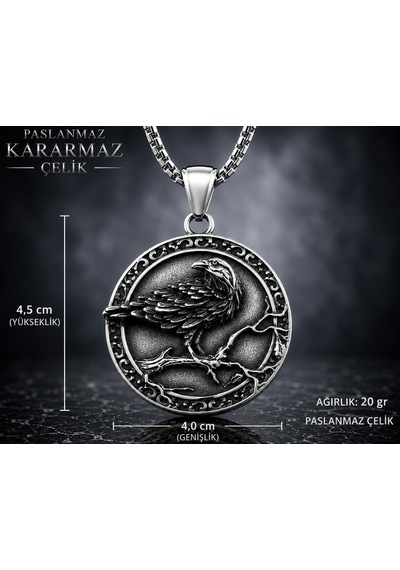 Paslanmaz Çelik Çift Taraflı Tasarım Vegvisir Rune Viking Kuzgun Kolye