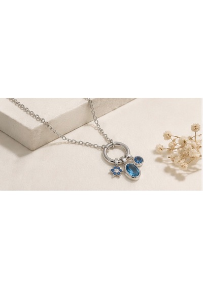 Blue Crystal Charm Halka Kolye Gümüş