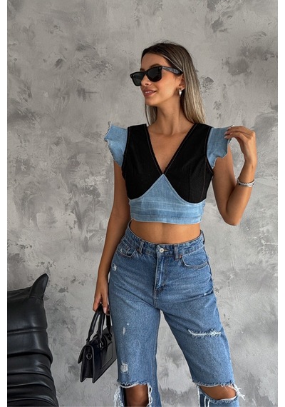 Femelle Kadın Siyah Sırtı Fermuarlı Crop Kot Bluz