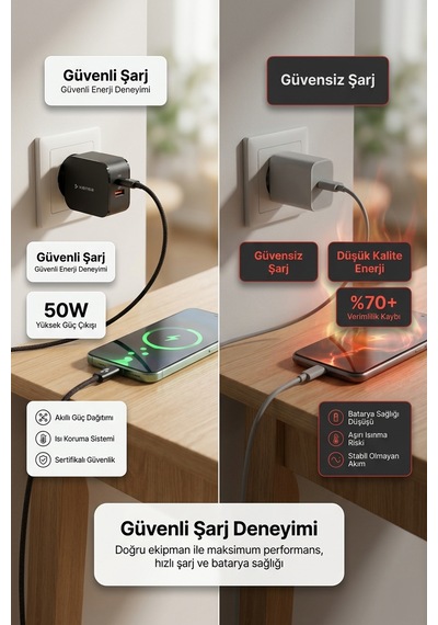 50w Çift Portlu Usb-c Girişli Akıllı Hızlı Şarj Adaptör Kablo Seti - Pd Ve Qc Destekli
