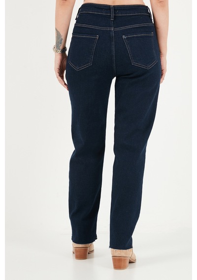 Lela Pamuklu Yüksek Bel Düz Paça Jeans Kadın Kot Pantolon 7031007 Koyu Mavi