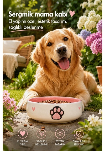 Tekli Seramik Pati Desenli 600 Ml Pembe-mama Kabı Kedi Köpek Mama Su Kabı