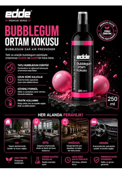 Edde Bubblegum Kokulu Ferah Kalıcı Araba Araç Oto Kokusu Araç Içi Kokuları 250 Ml Oto Parfümü Oto Detailing 250ml