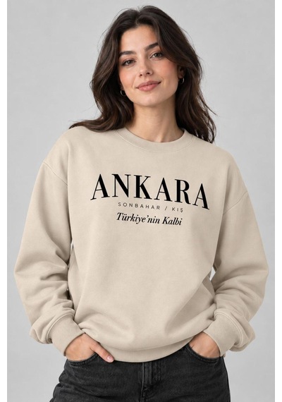 Gıovera Ankara Şehir Yazılı Bisiklet Yaka Kadın Sweatshirt Bej