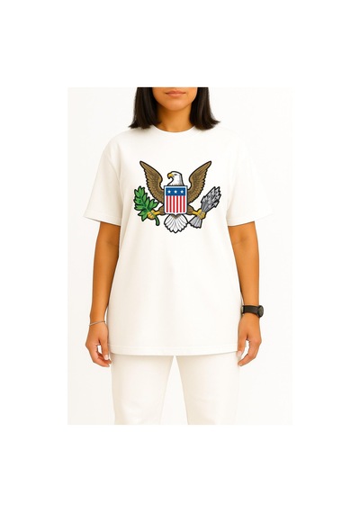 Bahriyeli Collection Oversize American Bald Eagle Göğüs Tasarımlı Unisex T-shirt Beyaz