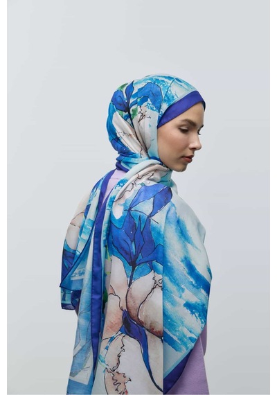 Moda Kaşmir Nileya Desen Pamuk Şal Saks Mavisi