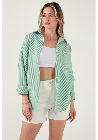 Lela Regular Fit Uzun Kollu Cepli Çizgili Bayan Gömlek 6772895 Benetton