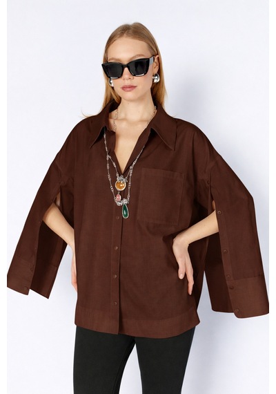 Manche Kol Detaylı Oversize Poplin Gömlek Mks1610113-1 - Kahve