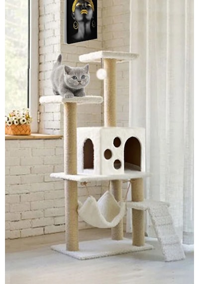 Missidea B10 Hamaklı Yuvalı Lüx Kedi Tırmalama Evi Beyaz