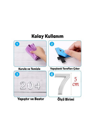 Lexroo Yapışkanlı Kapı Numarası Küçük Boy 50 Mm 5 Cm Numara 7 Rakam Yedi Sayısı Krom Renk Numaralar Standart