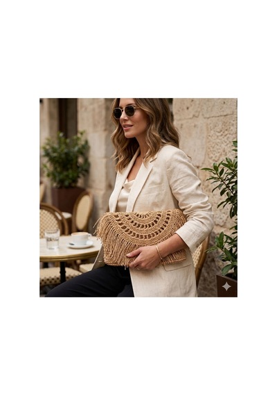 Trakyatrend Crunch Çanta El Yapımı Hasır Kağıt İp Püsküllü Clutch Hasır Rengi