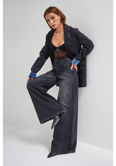 Itsbasic Kadın Koyu Füme Renk Hera Palazzo Fit Bol Kesim Denim Jean Siyah