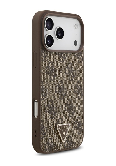 Apple iPhone Uyumlu 18 Pro Max Kılıf Guess Lisanslı M-safeli Taşlı Üçgen Logo 4g Desenli Strass Kapak Kahverengi