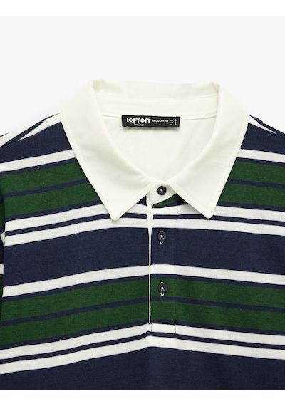 Koton Pamuklu Uzun Kollu Düğmeli Polo Yaka Çizgili Sweatshirt Yeşil Çizgili 6sam70050mk