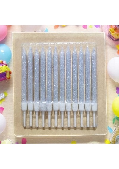 Doğum Günü Pasta Mumu Gümüş 12 Adet Simli Mum 10 Cm Kutlama Mumu
