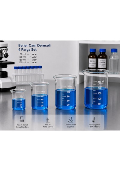 Beher Cam Dereceli 50 Ml 1 Adet, 100 Ml 1 Adet, 150 Ml 1 Adet, 250 Ml 1 Adet 4 Parça Set