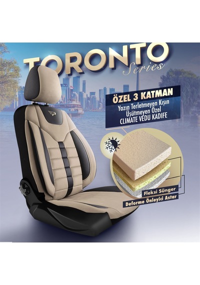 Panda Toronto Serisi Süet Kumaş Oto Koltuk Kılıfı - Bej - Siyah