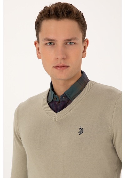 U.S. Polo Assn. Erkek Slim Fit V Yaka Haki Melanj Basic Triko Kazak 50313662-VR193