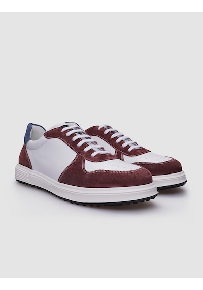%100 Hakiki Deri Beyaz - Bordo Bağcıklı Erkek Sneaker-beyaz Beyaz