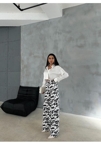 Zeo Basic Baggy Pantolon Beyaz&siyah İnek Desenli Yanlardan Lazerli Beyaz