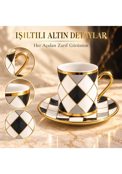 Tr 6 Kişilik 12 Parça Türk Kahvesi Fincan Seti Gold Kulplu Siyah Beyaz Baklava Desen K654-c Diğer