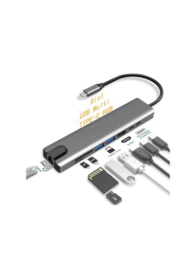 8 In 1 Type C To Hdmı- Sd/ Tf- 2 USB 3.0- USB-C Pd Ethernet Kablo
