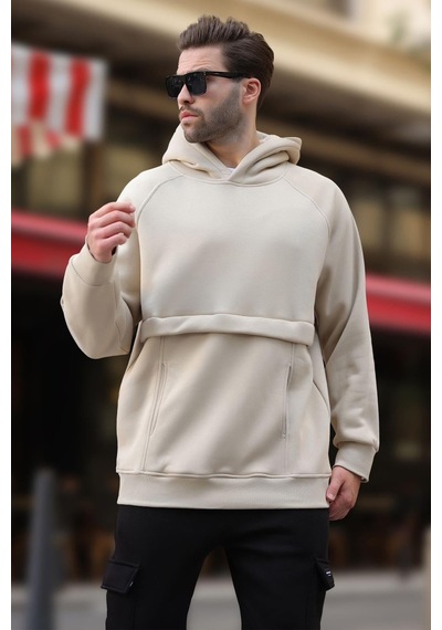 Madmext Bej Kapüşonlu Cep Detaylı Erkek Sweatshirt 7092 Bej