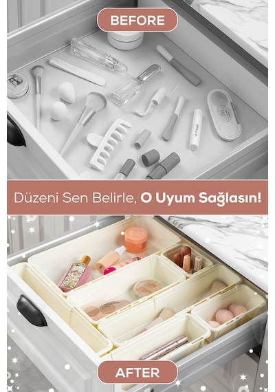 4'lü Set Ayarlanabilir Çekmece Içi Düzenleyici Kutu Uzayıp Kısalabilen Organizer Seti 2a2b Krem
