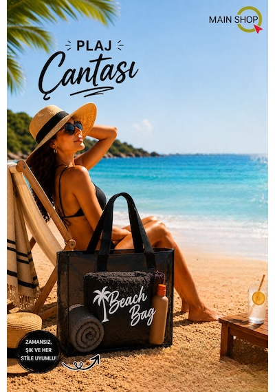 Mainshop Siyah Şeffaf Beach Bag Kadın Plaj Çantası Büyük Hacimli M-plj01