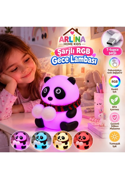 Sevimli Panda Gece Lambası Rgb Renk Değiştiren Dokunmatik Silikon Bebek Çocuk Odası Şarjlı Led Çok Renkli