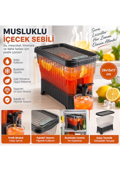 Musluklu Su Ve Meşrubat Sebili Buzdolabı Uyumlu Kapaklı İçecek Dispenseri 29x15x17 Cm Gri - Siyah