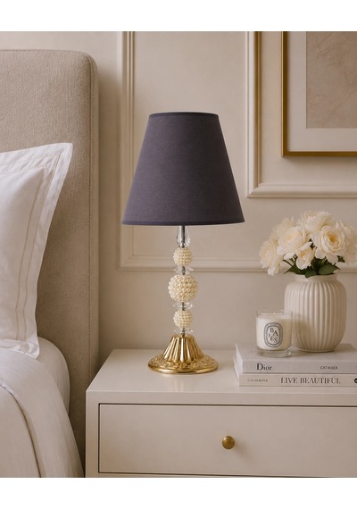 Füme Kumaş Başlık İncili Gold Ayaklı Modern Abajur 48x25cm