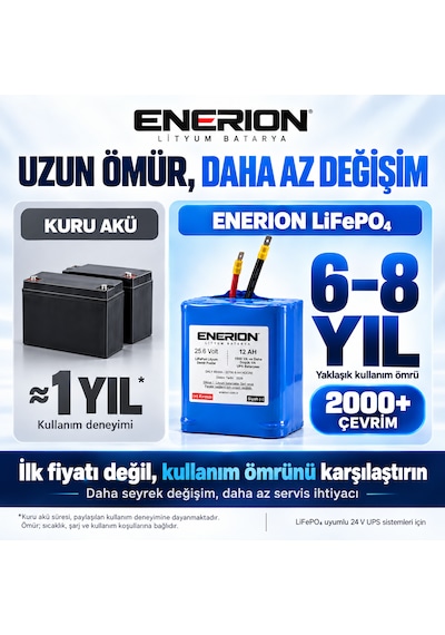 Enerion 24v 12ah Lifepo4 Ups Bataryası 25.6v, 2 Adet 12v Akü Yerine Tek Batarya