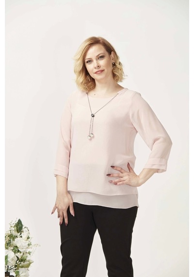 Moda Berray 1934 Kolyeli Şifon Büyük Beden Şık Bluz Açık Pembe Pembe